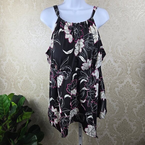 Avenue Size 18W Black White Pink Floral Pattern Tankini Top Handkerchief Hem - Picture 1 of 12